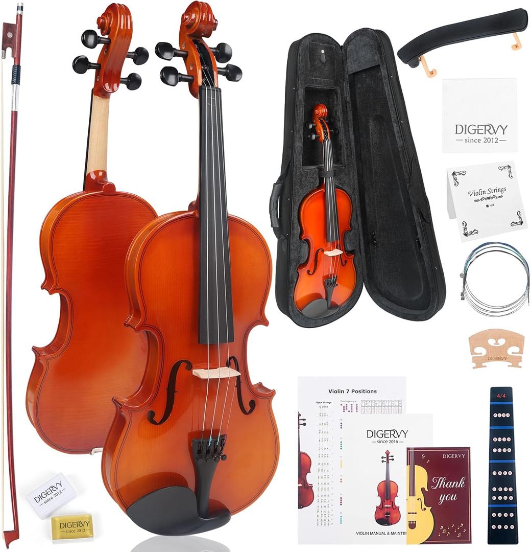 Violin 4/4 Full Size Kit for Beginners, Glossy Violin Fiddle Set for Adults, Students with Violin Case, Bow, Rosin, Fingerboard Sticker, Shoulder Rest, Extra Strings and Bridge(Plywood, Full)