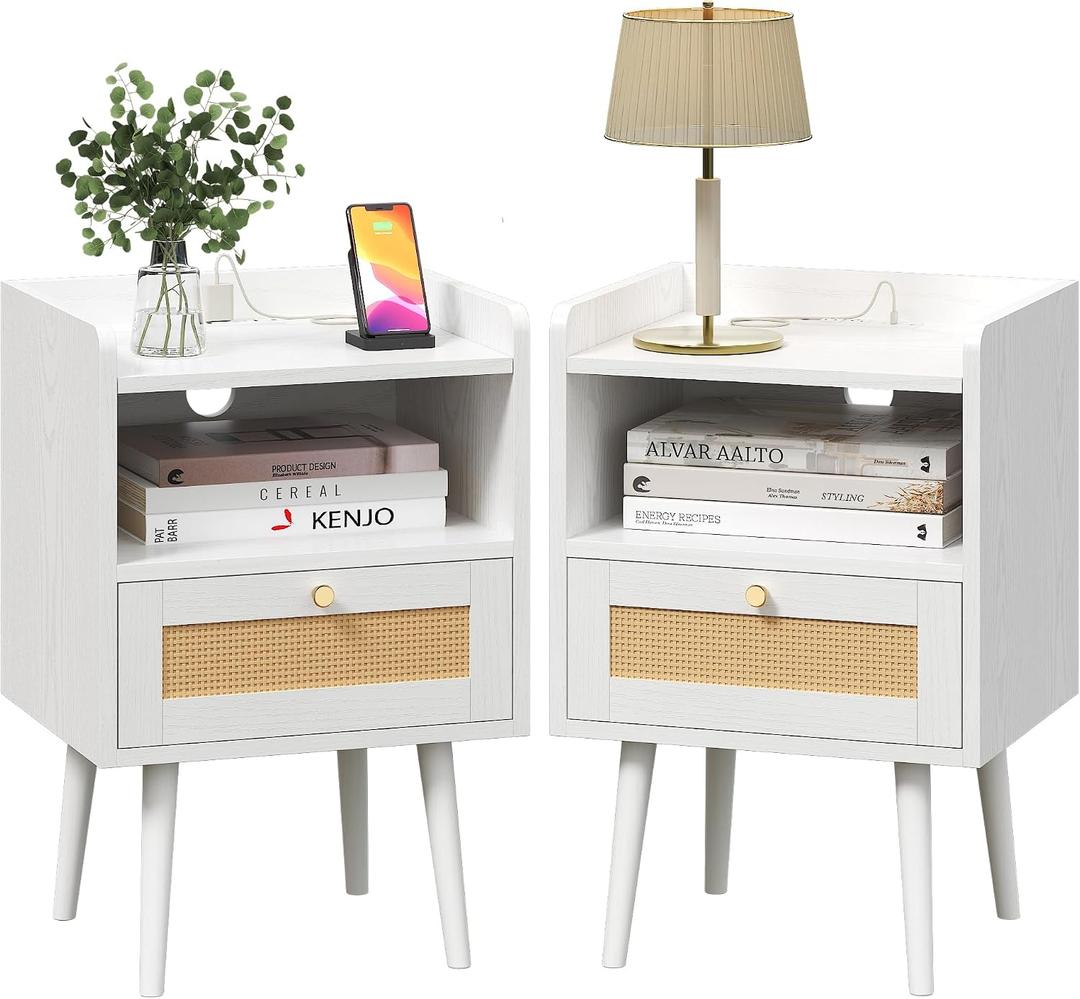 MECHYIN Night Stand Set 2, Nightstands Set of 2 with Charging Station, Rattan Side Tables with Solid Wood Legs, Boho Bedside End Table for Apartment Bedroom Dorm Small Space - White, 11.8"d X 15.9"w X 23.4"h