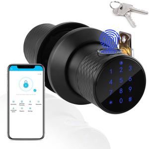 Fingerprint Door Knob, FITNATE Smart Fingerprint Lock with Tuya App Control,255 Users,Password Management, Anti-Slip Handle Door Knob for Bedroom,Home,Hotel,Office (Black)
