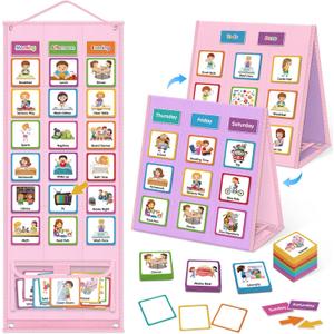 Godery Large Visual Schedule for Kids Chore Reward Chart,Bedtime Routine Chart for Toddlers,Double Side Schedule Board with 109 Cards for Home School Planner,Autism Learning Materials (Pink)