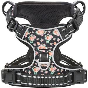Timos Dog Harness, NO Need Go Over Dogs Head 3 Snap Buckles with 2 Leash Clips, Adjustable Soft Padded No-Pull Dog Harness, Reflective No-Choke Pet Oxford Vest for Small Medium Large Dogs (Large (Pack of 1), Normal-Black Rose)