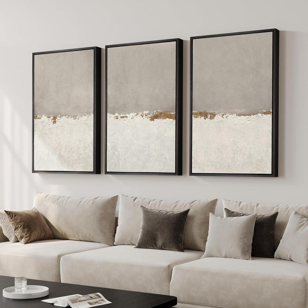 Large Framed Neutral Abstract Wall Art for Living Room, 3 Piece Modern Canvas Prints Paintings Artwork for Walls, Minimalist Beige Abstract Horizon Pictures for Hallway, Office Wall Decor 24x36 In