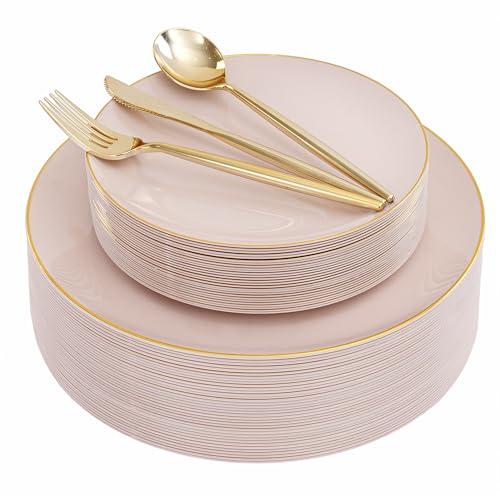 I00000 150 PCS Pink Plastic Plates for Party,Heavy Duty Pink Disposable Plates,Gold Dinnerware Set Include 30 Dinner Plates,30 Dessert Plates,30 Gold Plastic Silverware Set for Valentine's Day