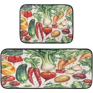 Kigai Watercolor Vegetables Kitchen Rug Set of 2 Non Slip Washable Cushioned Anti-Fatigue Kitchen Mat Comfort Standing Floor Mat for Kitchen Washroom Bedroom
