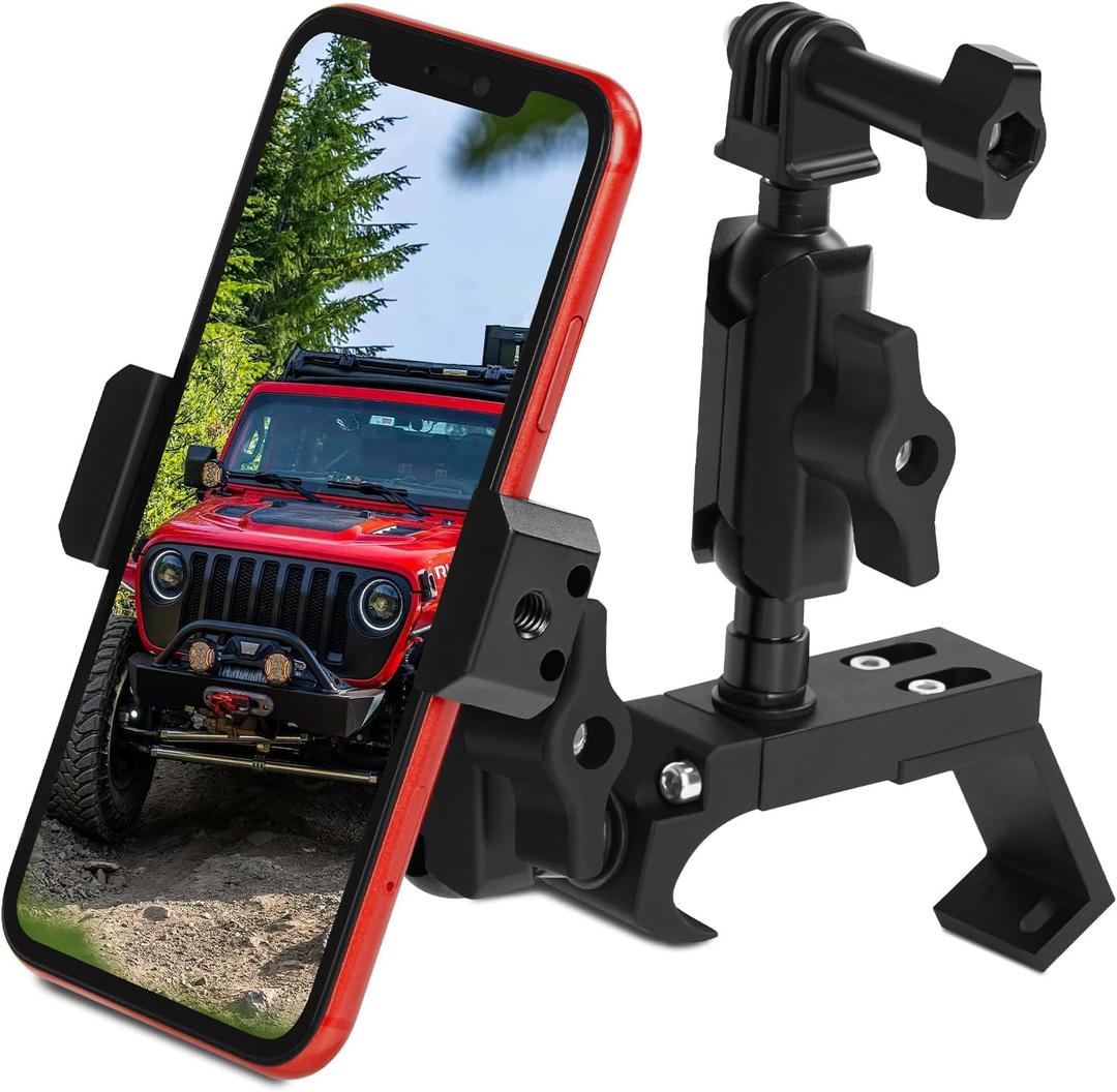 Nilkatss Upgraded Phone& Action Camera Mount for Jeep Wrangler (2018-2023 JL/JLU/4xe) & Gladiator JT (2020-2023) Dual Aluminum Holder Fits 4.7" to 6.8" Smartphones & GoPro Hero 9-12, Button-Friendly