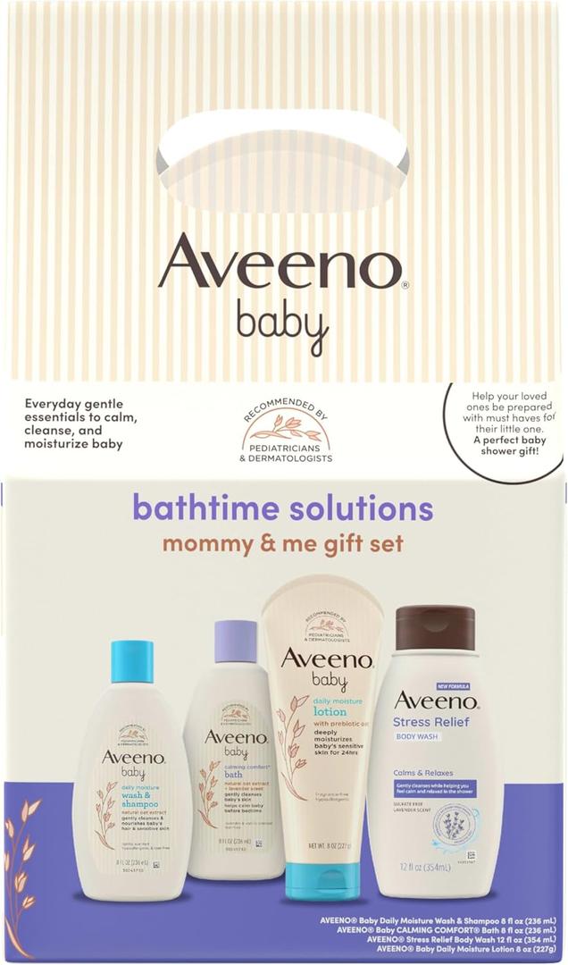 Aveeno Baby Bathtime Solutions Mommy & Me Gift Set, Baby Wash & Shampoo, Calming Bath, Daily Moisturizing Lotion & Stress Relief Body Wash for Mom, Nourishing Oat, Registry Must Haves, 4 items