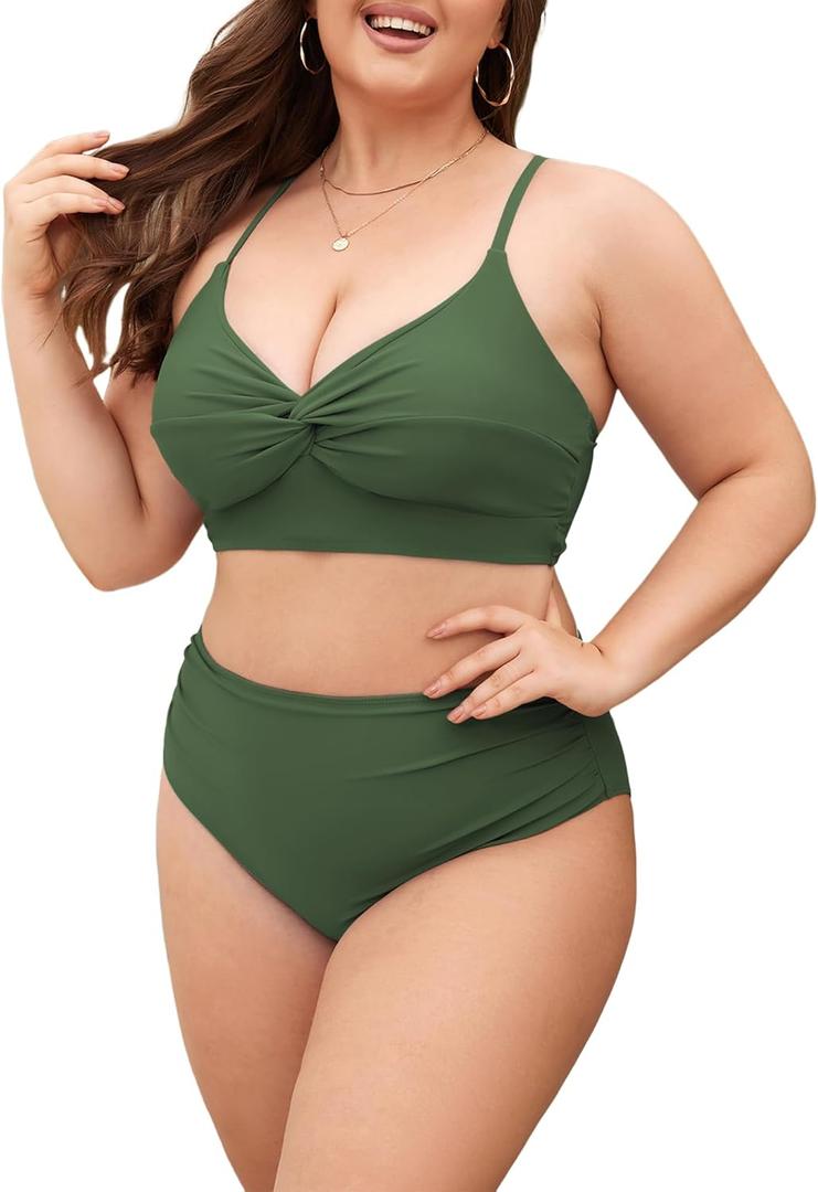 ZAFUL Womens Plus Size Bikini Twist High Waisted Bikini Sets Push Up Bikini Swimsuits Tummy Control 2 Piece Bathing Suit (X-Large Plus, Solid:light Green)