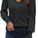 HOTOUCH Women's Knit Shirt Soft Puff Long Sleeve Blouse Tops Lightweight V Neck Tunic XS-XXL (Black, L)