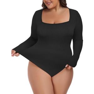 FOREYOND Plus Size Bodysuits for Women Long Sleeve Bodysuit (4X-Large, Black)