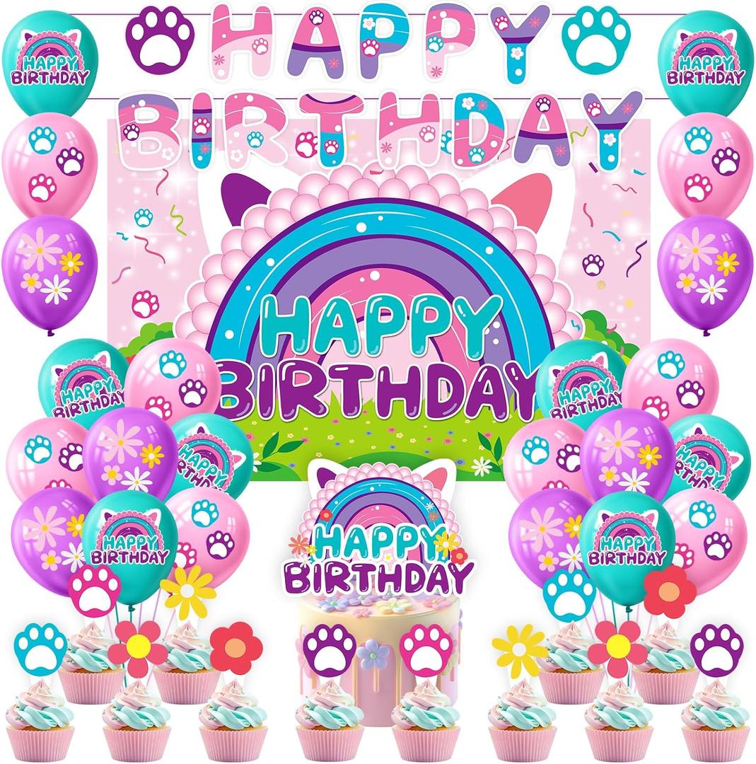 Dollhouse Birthday Party Supplies, Kids Birthday Cartoon Cat Party Decorations, Include Banner, Balloons, Cupcake Toppers, for Girls Cartoon Dollhouse Theme Baby Shower Party Supplies