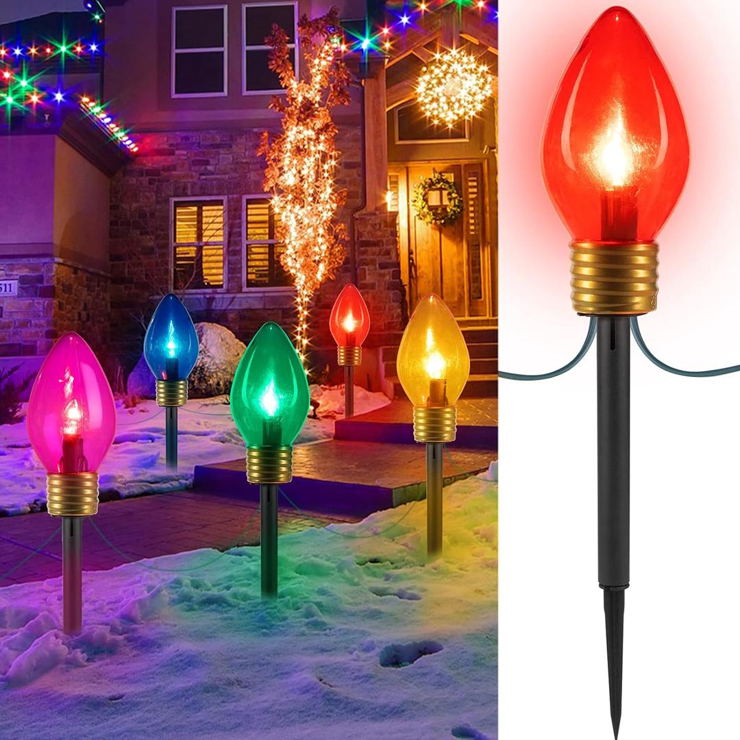 Brightown Jumbo C9 Christmas Lights Outdoor Decorations Lawn with Pathway Marker Stakes, 8 Feet LED Lights Covered Jumbo Multicolored Light Bulb for Holiday Outside Yard Garden Decor, 5 Lights (1 Pack)