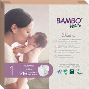 3 x Bambo Nature Hypoallergenic Baby Diapers, Eco-Labelled Sustainable Diapers, Enhanced Leakage Protection, Totally Chlorine-free, Skin Friendly, and Super Absorbent - Size 1 (216 Count)