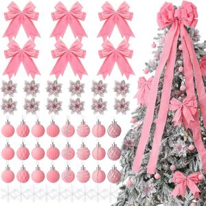 Halloscume 52 Pcs Pink Christmas Tree Decoration Set Include 44'' Large Topper Velvet Bow 12 Poinsettia Flowers 24 Velvet Ball Ornaments 6 Pink Christmas Bow 9 Xmas Snowflakes for Holiday Party Decor