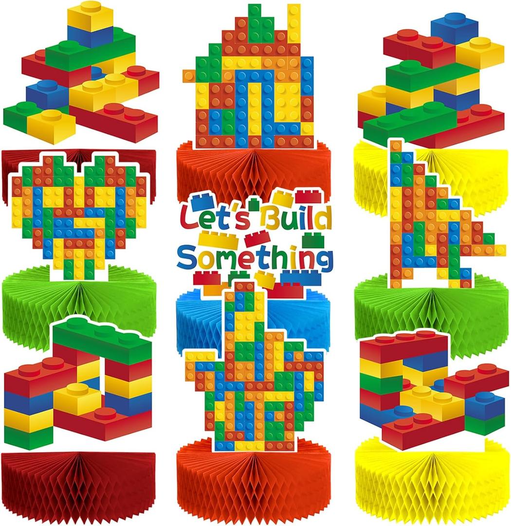 9 Pieces Building Block Birthday Party Supplies Building Block Honeycomb Centerpieces Boy Girl Birthday Party Decorations Brick Themed Table Centerpiece Classic Cake Topper Table Decor