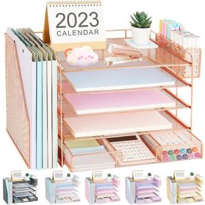 Desk Organizer, 5-tier Paper Letter Tray Organizer with File Holder + Drawer + Pen Holder, Desk Organizers and Accessories for Woman, Office Organization for Office Supplies(Rose Gold)
