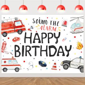 Emergency Birthday Decorations 7 * 5ft Sound The Alarm Happy Birthday Backdrop Banner Rescue Vehicle Bday Party Supply Team Rescue Background First Responder Transportation Party