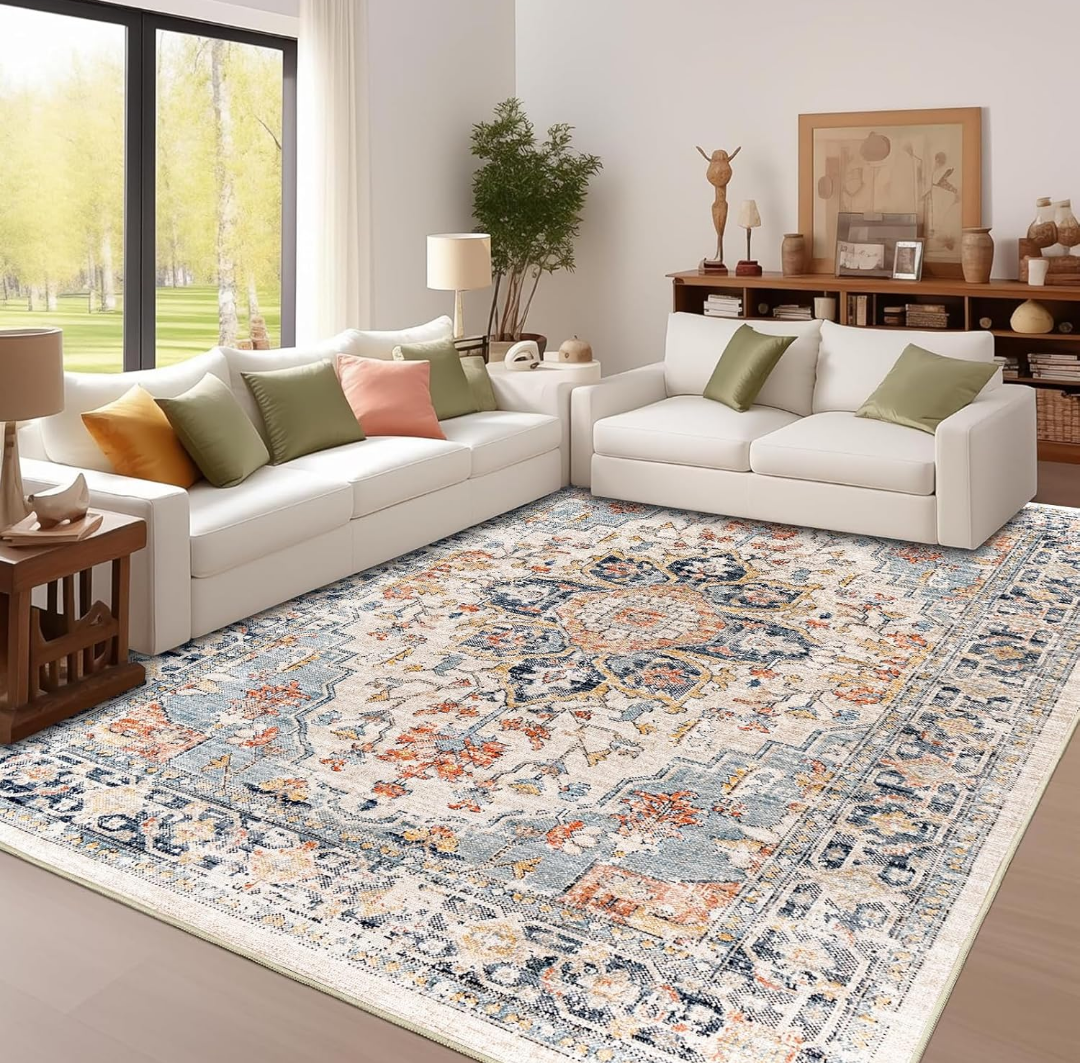 Enkor Area Soft Rugs Washable Non Slip Floor Boho Rugs for Living Room Bedroom, Vintage Style Farmhouse Mat for Kitchen Entryway Orange & Black. Size 5'×7'