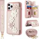 Compatible with iPhone 13 Pro Wallet Case with Card Holder for Women, Kickstand, Crossbody Lanyard, Wrist Strap Flower Leather Flip Cover Designed for iPhone 13 Pro 6.1", Rose Gold