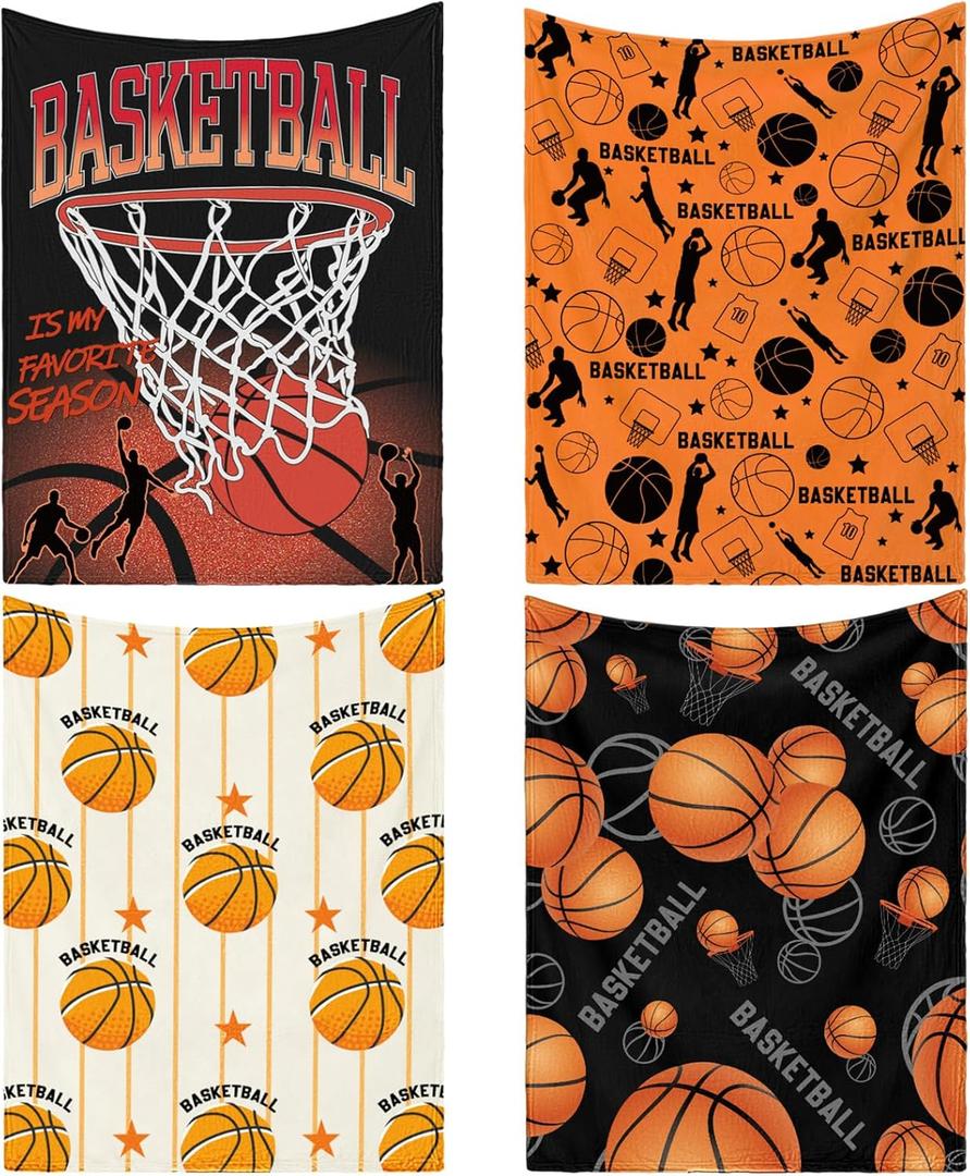 Newwiee 4 Pack Basketball Throw Blankets for Teens Adults Soft Flannel Fleece Sport Ball Blankets Senior Night Gifts for Basketball Players Coaches Teams, 40"x50"