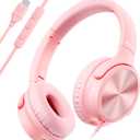 USB C Headphones Wired, Over Ear USB C Wired Headphones with Microphone, Volume Control, HD Stereo Sound, Foldable USB Type C Headphone for Adult/Teens/Laptop/Computer/iPhone 15/16/17, Pink