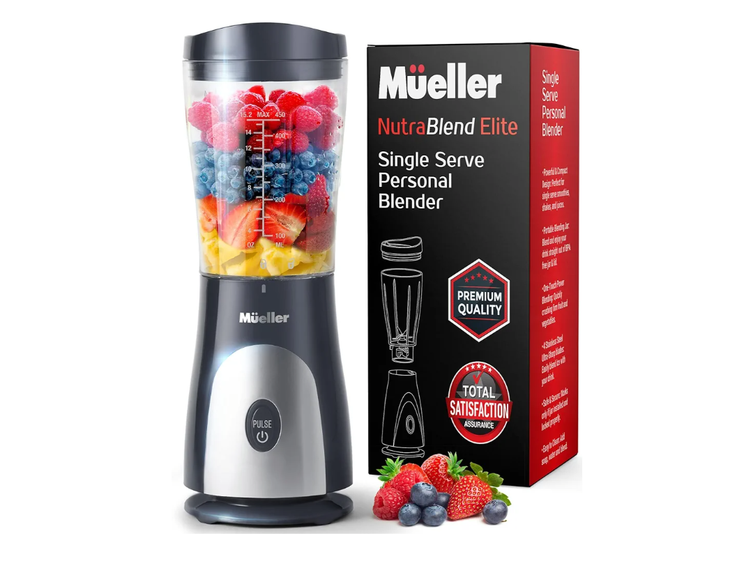 Mueller Personal Blender for Shakes and Smoothies with 15 Oz Travel Cup and Lid, Juices, Baby Food, Heavy-Duty Portable Blender & Food Processor, Grey