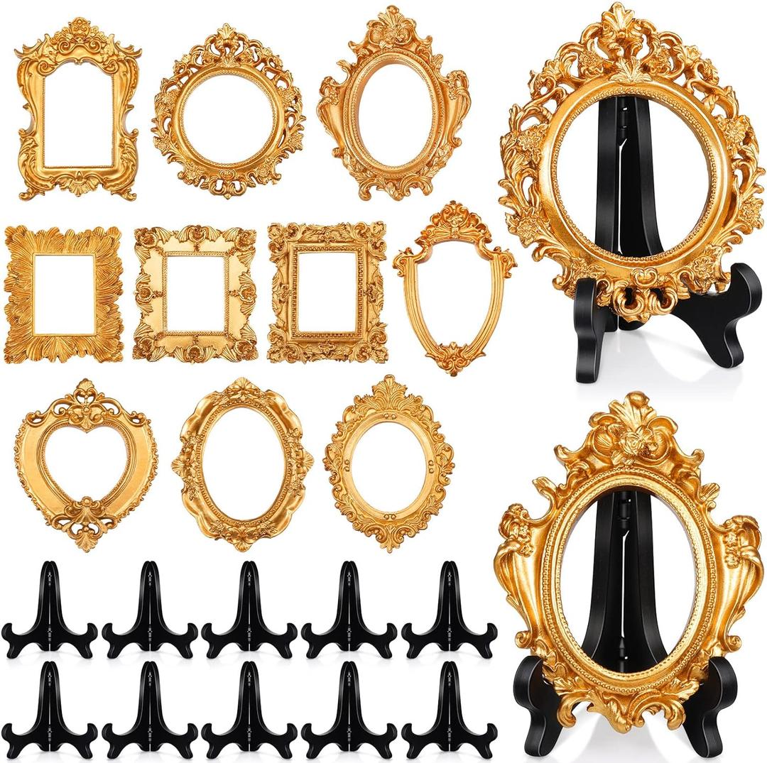 Remerry 10 Pcs Vintage Picture Frame Antique Mini Frame Small Photo Display Miniature Tiny Resin Jewelry Display 4 Inch Black Plastic Stand for Home Wedding (Gold) (Gold)
