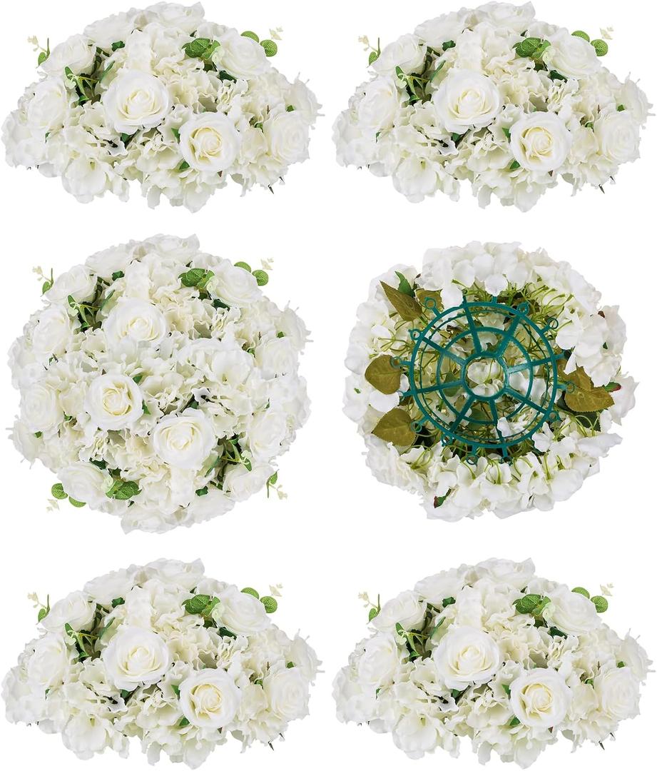 BLOSMON Wedding Flower Centerpieces Decorations: 6 Pcs 15.7" Large White Fake Rose Hydrangea Flowers Ball for Table - Artificial Silk Floral Arrangement Center Pieces for Home Party Event Decor