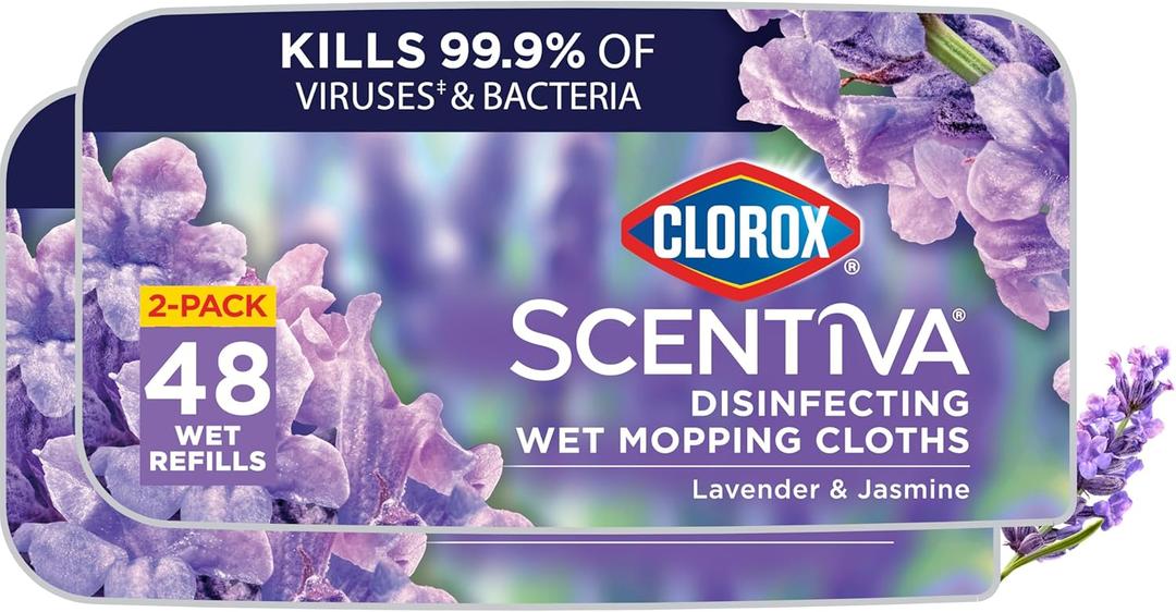 Clorox Scentiva Disinfecting Wet Mop Pad, Disposable Mop Heads, Multi-Surface Floor Wipes, Lavender and Jasmine, 2 Packs, 24 Wet Refills Per Pack (Package May Vary)