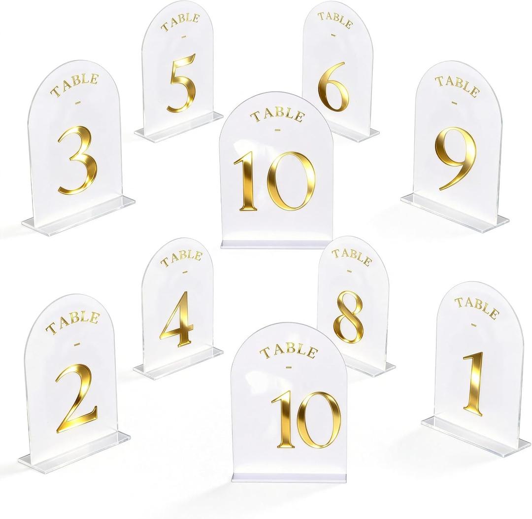 White Acrylic Table Numbers 1-10 with Double-Sided Gold Foil 5x7 Inch Wedding Reception Table Signs and Holders for Anniversary Decoration Party event