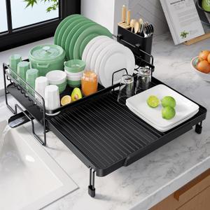 Kitsure Extendable Dish Drying Rack - Adjustable Length 12.8"21.0", Auto-Draining Dish Rack for Kitchen Counter, Rust-Resistant Metal Frame Over-Sink Support for Plates, Bowls & Utensils, Black