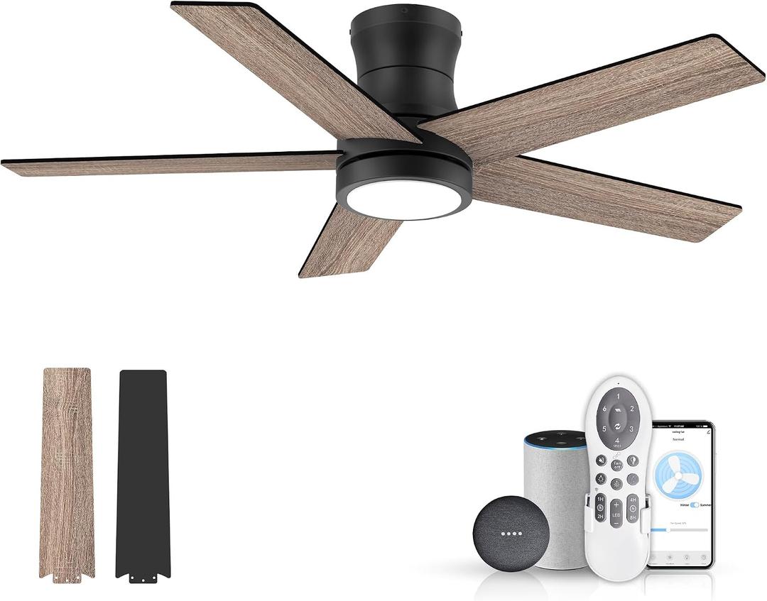 42In Smart Low Profile Ceiling Fan with Lights Remote,Controll by Voice WIFI Alexa App,Quiet DC Motor,Outdoor Indoor Flush Mount Ceiling Fans,Modern Black Walnut Fan for Bedroom Patio Porch