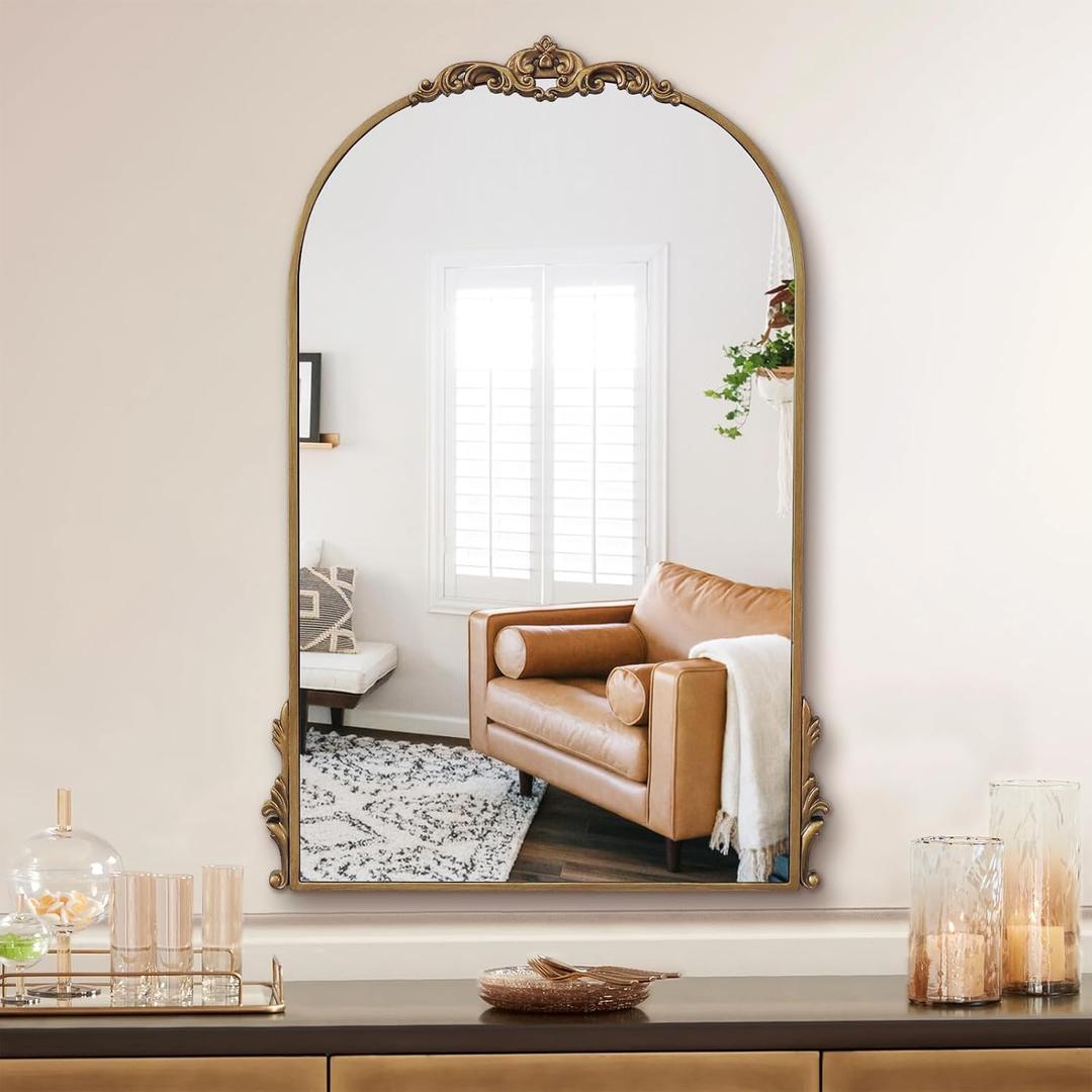 Carved Vintage Mirror Gold, 24" x 36" Antique Bathroom Mirror, Ornate Baroque Brass Mirrorfor Living Room, Fireplace, Bedroom, Entryway