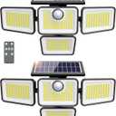 4500LM Solar Lights Outdoor, 4 Adjustable Heads Motion Sensor Lights, 3 Modes, 6500K, IP65 Waterproof Solar Security Wall Lights, Remote Control Flood Lights, Garden, Outside, Backyard, 2 Pack