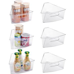 Oubonun Lazy Susan Organizers Set of 6, 12.8 x 11.7 x 4 Plastic Transparent Kitchen Cabinet Storage Bins with Handle, 4" Deep Container, 1/8 Wedge - Food Safe, without BPA