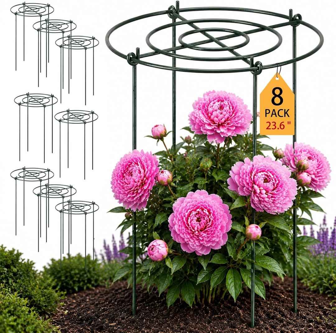 Pelopy Large Peony Cages and Supports 23.6"H x 15.7"D Heavy Duty Plant Support for Outdoor Plants, Meatl Peony Rings, Flower Support Stakes, Garden Stakes for Rose Tomato Hydrangea Strawberry(8 Pack)
