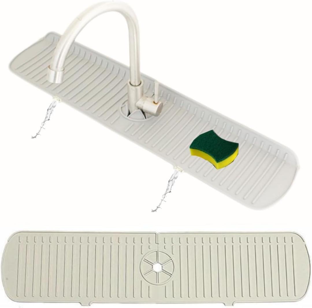 Big Size Kitchen Sink Splash Guard, 24in Faucet Mat Splash Catcher, Handle Drip Catcher Tray, Multipurpose for Kitchen Dish Drying Mats Sponge Holder (cream)