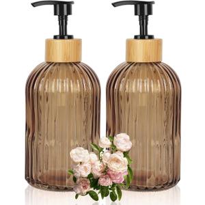 Ulable Amber Glass Soap Dispenser with Pump, 2 Pack 13.5oz Vertical Stripe Design Hand Soap Dispenser for Hand Wash, Dish Wash, Elegant Dispenser for Bathroom and Kitchen