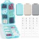 3 Pack, 14 GRIDS Travel Pill Organizer Box with Labels - Travel Medicine Case Kit - Pocket Daily Pharmacy Container - Travel Medication Holder Dispenser for Fish Oil Vitamin Supplement Storage (with White Labels, Khaki+blue+grey)