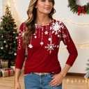 Christmas Shirts for Women Ladies Casual Round Neck Xmas Print Tops Loose Fit 3/4 Length Sleeve Large Deep Red (Red, L)