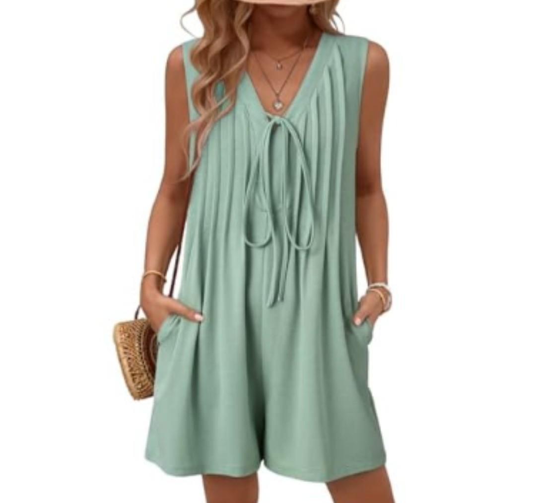 AlvaQ Womens Rompers Summer Loose Sleeveless Pleated Tie Front V Neck Shorts Jumpsuits with Pockets L
