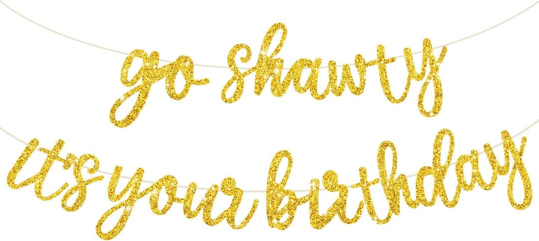 BEISHIDA Gold Go Shawty It's Your Birthday Banner - 11.4Feet,NO DIY - Hip Hop Theme Glitter Happy Birthday Banner - Pre-Strung - Gold Rap Theme Happy Birthday Sign for Man Women birthday Party Supply