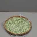 Round Rattan Tray with Mother of Pearl Inlay, Rattan Serving Tray with Wooden Base, Decorative Wicker Basket for Table Decor, Storage and Display of Coffee Bread Food Fruit (Leaf 13.5")