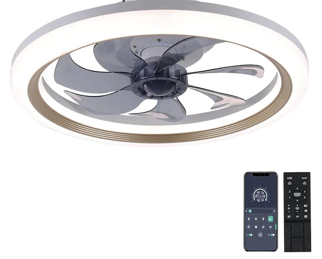 OurEDee 20'' Ceiling Fan with Lights & Remote, Low Profile, 6 Wind Speeds, Dimmable Light, Modern White Flush Mount, Smart for Home (Gold+Grey)