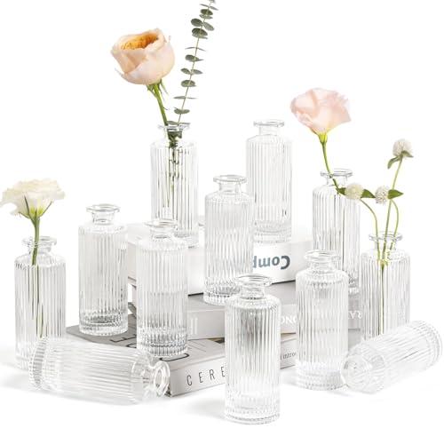 ComSaf Small Bud Vases Set of 11, 5.2 inch Glassl Bud Vase in Bulk, Mini Flower Vase for Centerpiece, Vintage Decorative Vase for Flowers, Wedding, Christmas, Home Decor, Housewarming Gift (Clear)