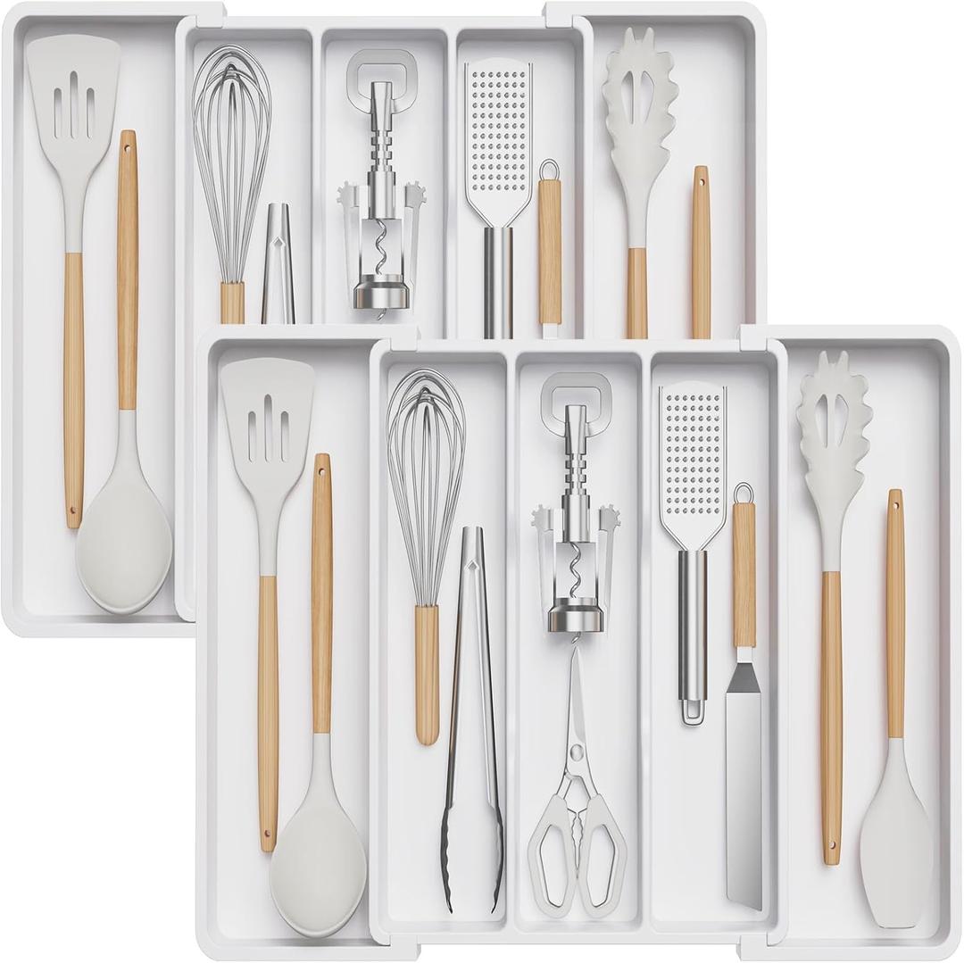 Lifewit Utensil Organizer for Kitchen Drawers, Expandable Cooking Utensil Tray, Adjustable Cutlery Silverware Flatware Holder, Plastic Kitchen Spatula Tools and Gadgets Storage Divider, 2 Pack, White (White)