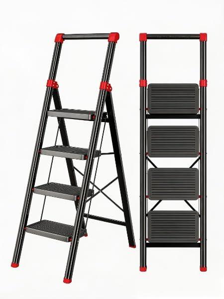 4Step Folding Step Ladder, Wide AntiSlip Pedals, AntiSlip Feet Comfort Handgrip, Sturdy Steel Construction, Portable Ladder for Household Use Black Red