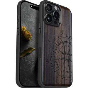 Carveit Magnetic Wooden Case for iPhone 16 Pro Max Case, Wood Artisan Engraved & Black Soft TPU Shockproof Cover, Compatible with MagSafe Wireless Chargers (The Incomplete Compass) Blackwood (Compass Quest-Black)