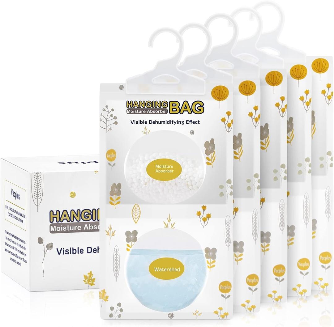 Vacplus Moisture Absorbers Packets, Fragrance Free 5 Pack, Humidity Packs, Desiccants Packets, Hanging Closet Dehumidifier Bags, Odor Eliminator for Bathroom 9.8OZ