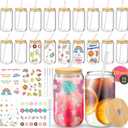 16 oz 20-Pack Glass Cups with Lids and Straws + DIY Stickers, Reusable Tumblers Beer Can Drinking Glasses with Bamboo Lids and Straws, Cute Glass Coffee Cups with Lids for Iced & Hot Drinks
