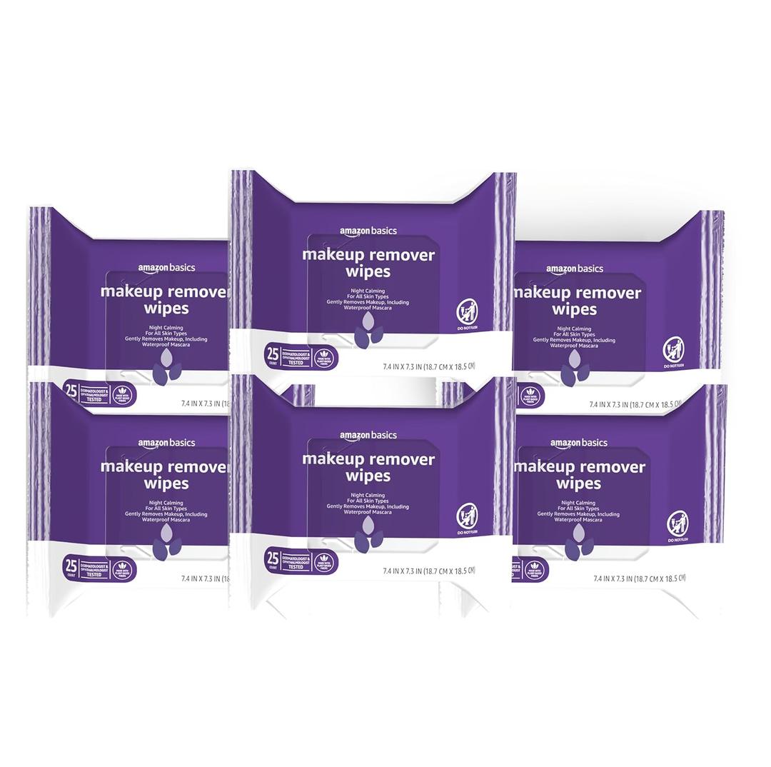 Amazon Basics Makeup Remover Wipes, Gentle Cleansing, Dermatologist Tested, Night Calming, Plant Based, Alcohol-Free, Removes Waterproof Mascara, pH Balanced, 25-Count, 6-Pack
